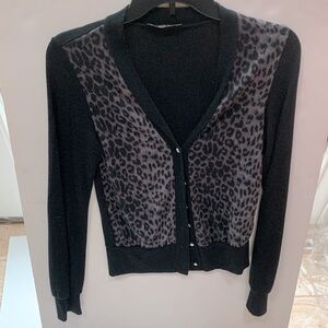B' leev Leopard Animal Print Cardigan Black & Gray Sweater w/ Rhinestone Buttons